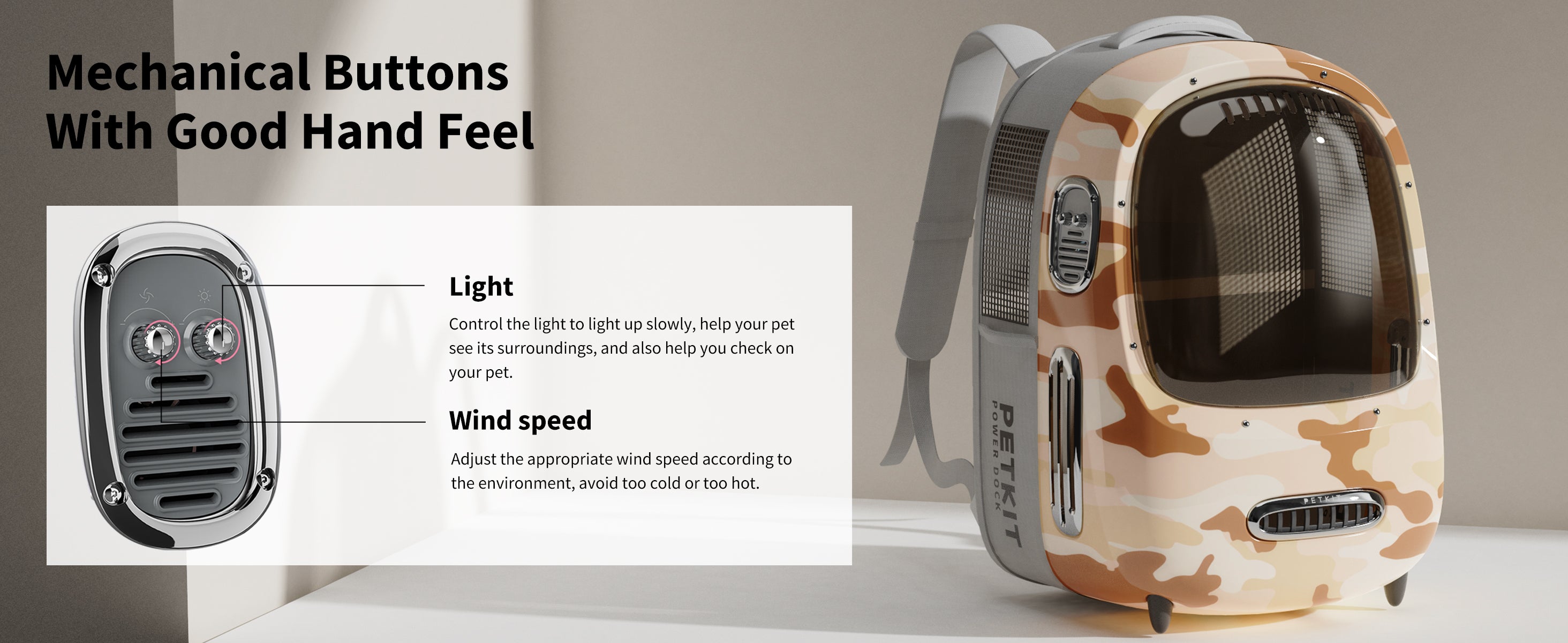 Breezy 2 Cat Carrier with tactile mechanical buttons for precise control of interior lighting and ventilation fan speed