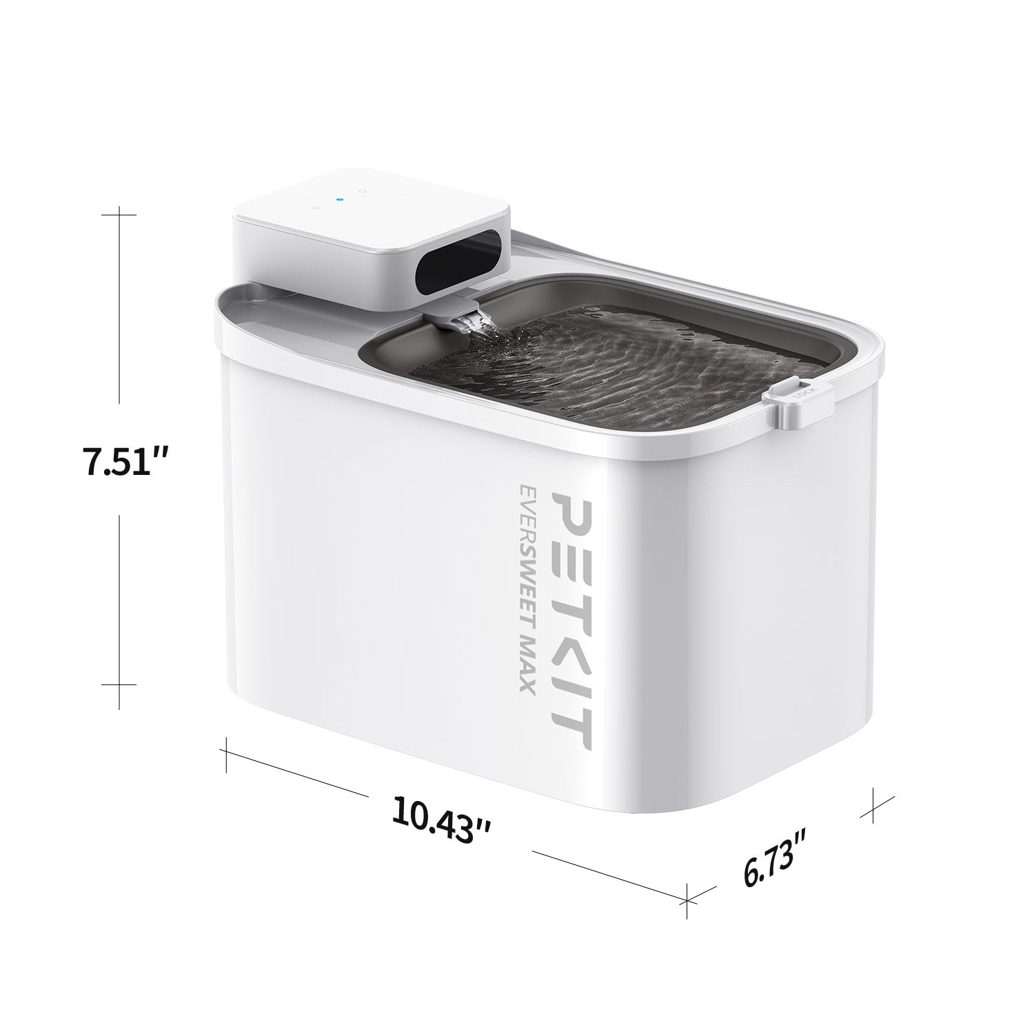EverSweet Max cordless pet water fountain measuring 10.43 inches in length, 6.73 inches in width, and 7.51 inches in height