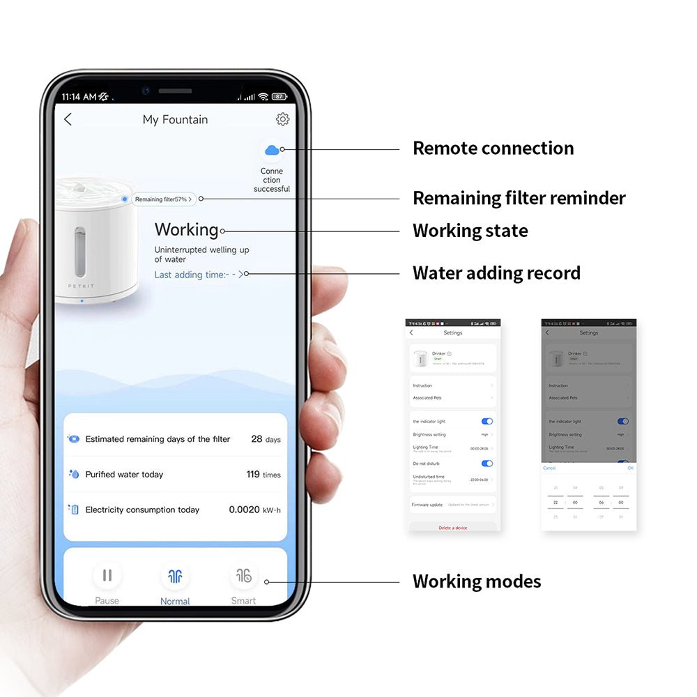 EverSweet Solo 2 Pet Water Fountain app interface showing remote connection, filter reminders, working status, water adding records, and working modes