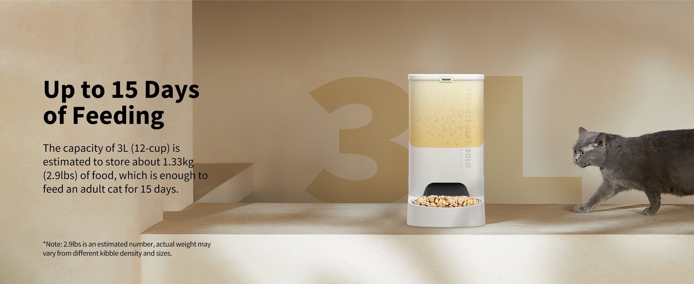 Fresh Element Solo automatic cat feeder with 3-liter capacity stores up to 1.33kg of food, enough for 15 days of feeding for an adult cat