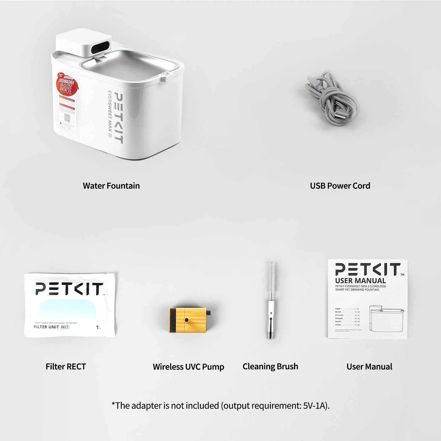 PETKIT EVERSWEET MAX 2 (UVC)  package contents with water fountain, USB power cord, filter RECT, wireless UVC pump, cleaning brush, and user manual.