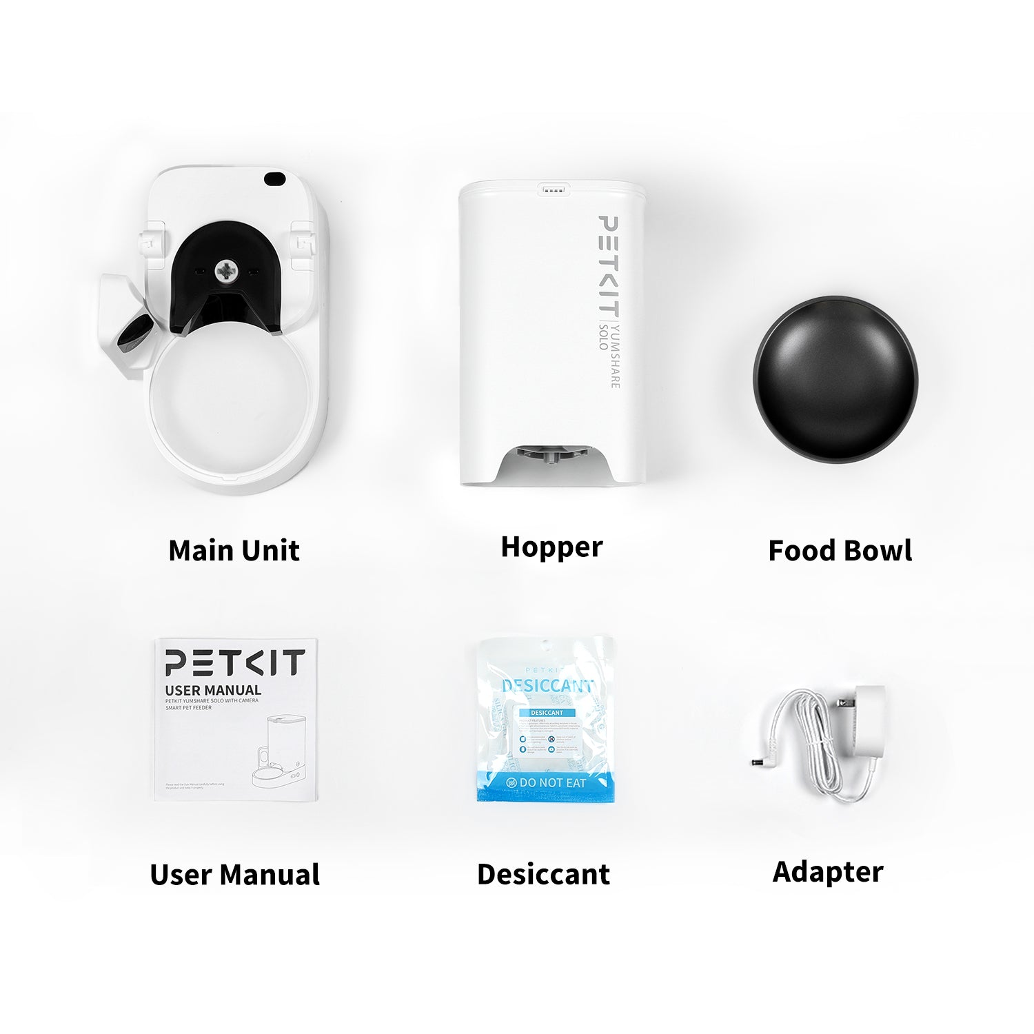 PETKIT YumShare Solo with camera automatic cat feeder package contents including main unit, hopper, food bowl, user manual, desiccant, and adapter