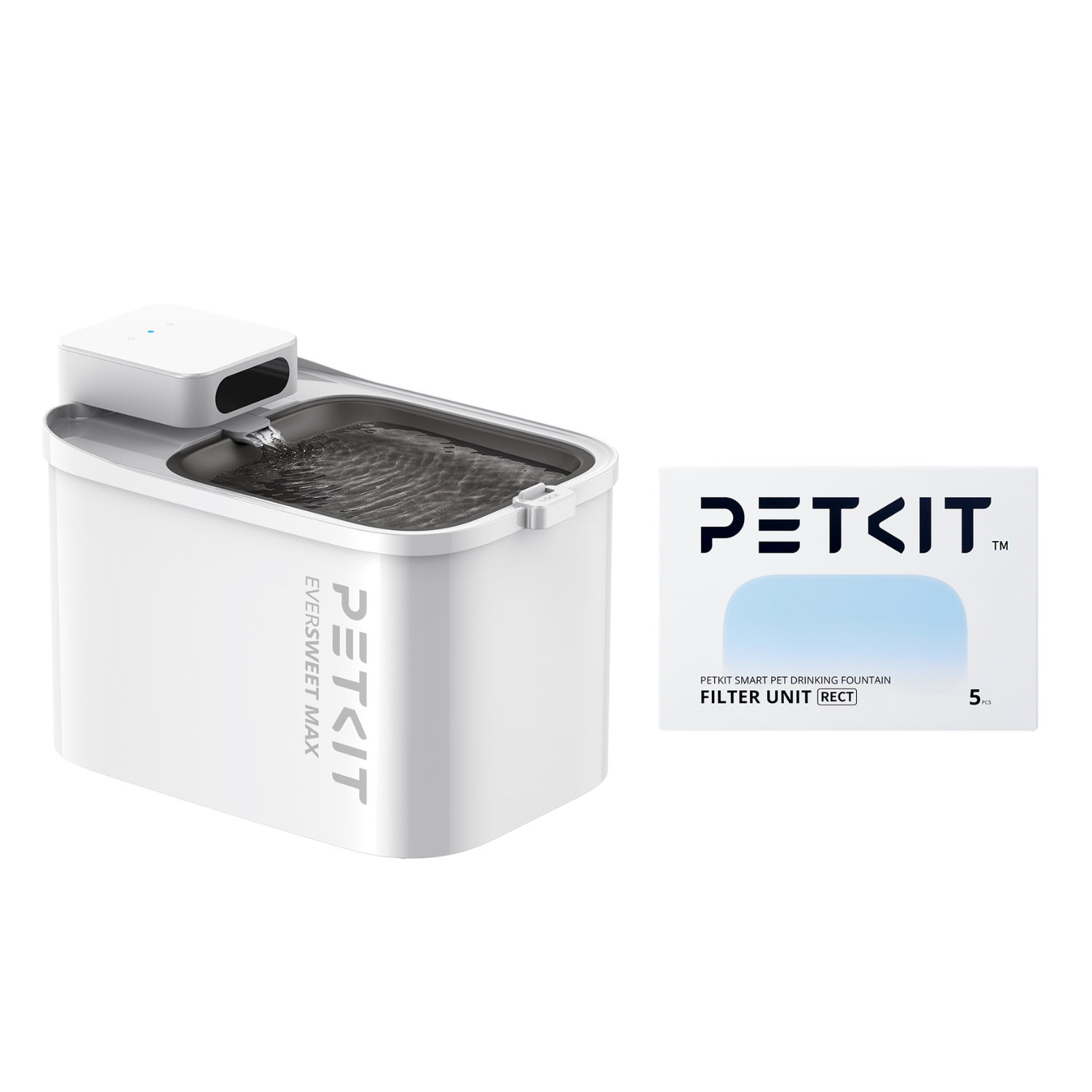 EverSweet Max cordless pet water fountain paired with rectangular filter unit pack of five pieces