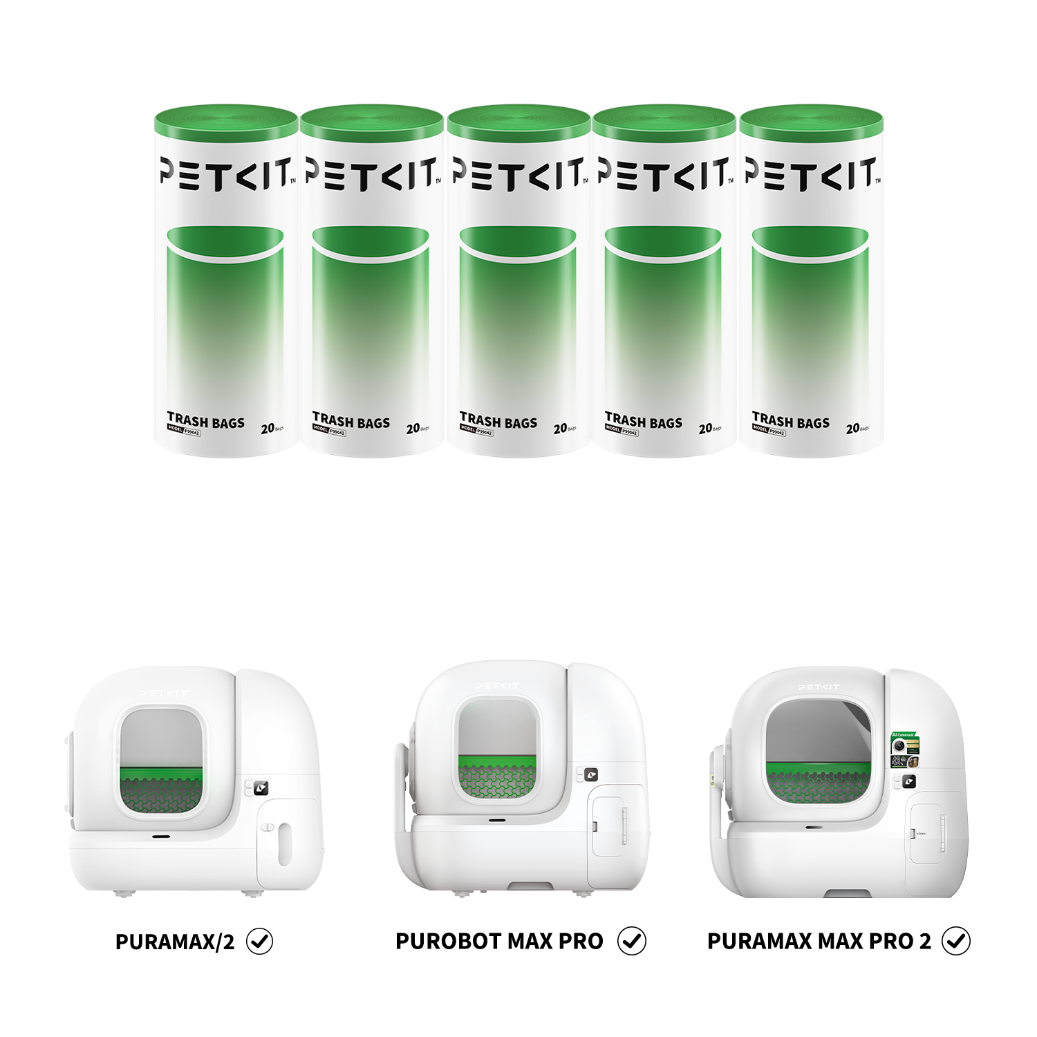 Trash bags displayed with compatible PETKIT litter boxes including Purobot Max Pro, Purobot Max Pro 2, PuraMax and PuraMax 2, designed for daily waste collection