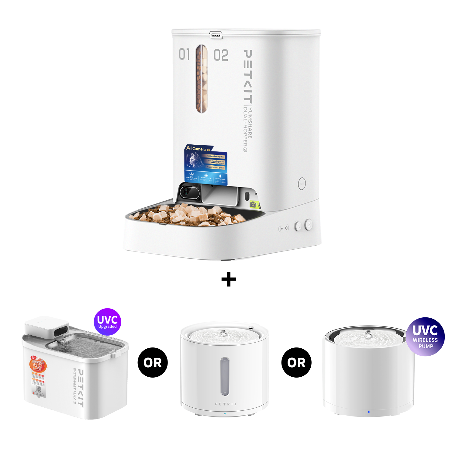 YumShare Dual-hopper 2 smart pet feeder shown with optional EverSweet pet water fountain models, including UVC upgraded and wireless pump versions